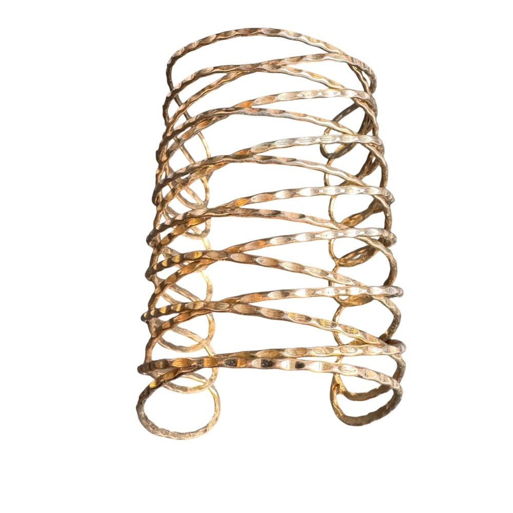 Gold Tone Hammered Multi Row Spiral Cage Cuff Bracelet Statement Boho